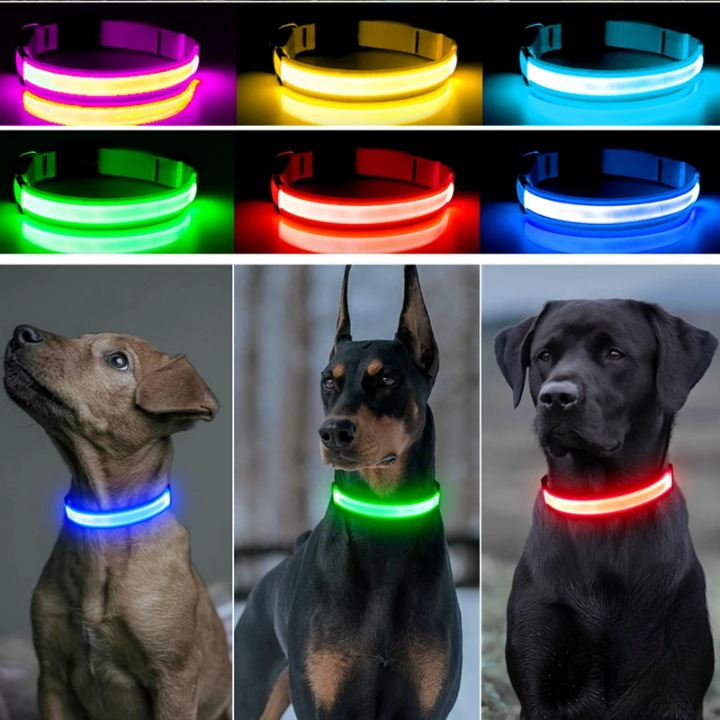 Coleira luminosa recarregável USB ajustável LED brilhante para cães e gatos