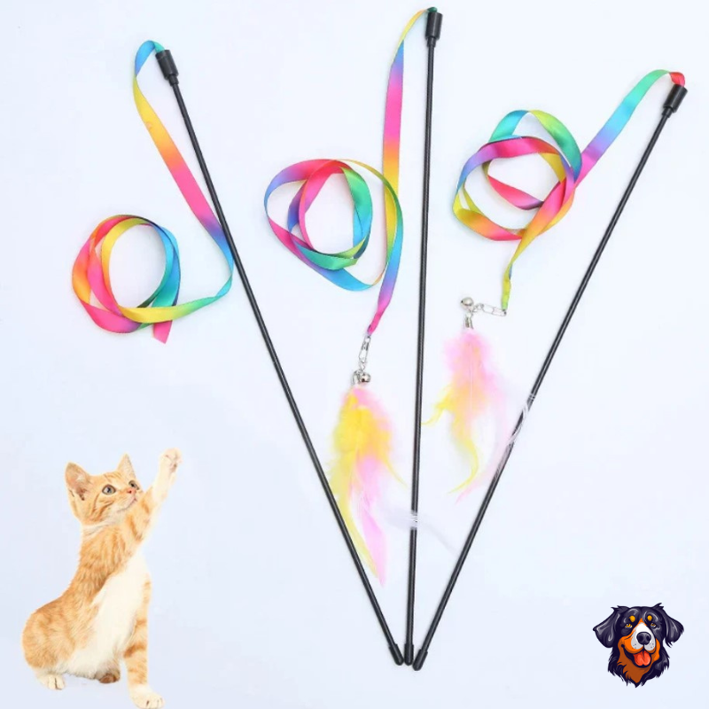 Pena interativa brinquedo do gato fita de cetim