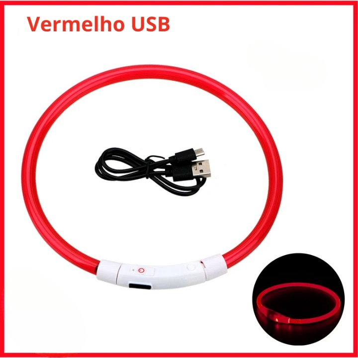 Coleira luminosa recarregável USB ajustável LED brilhante para cães e gatos