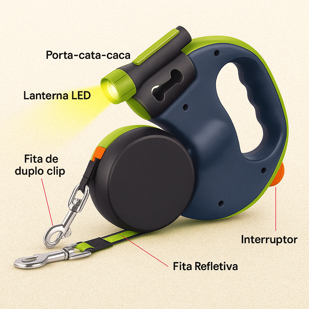 Guia Coleira Pet Retrátil Dupla Giratória